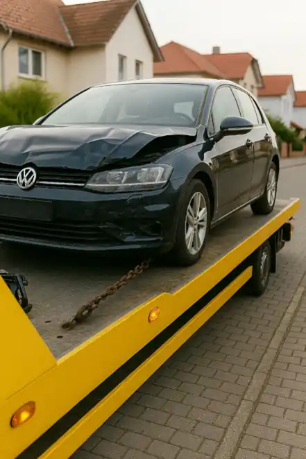 Defektes Auto wird zum Autoankauf in Saarlouis abgeschleppt.